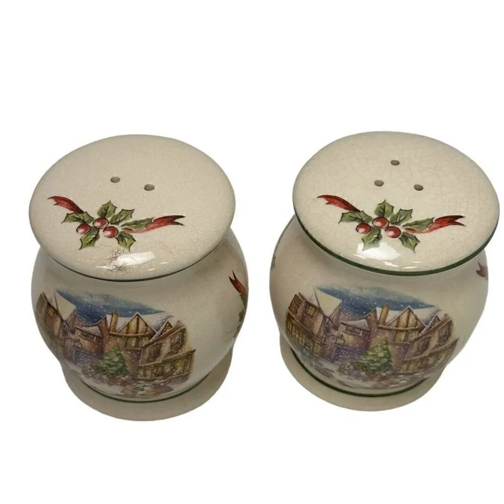 Stoneware CIB Dickens Winter Scene Salt Pepper Shakers Christmas Holidays